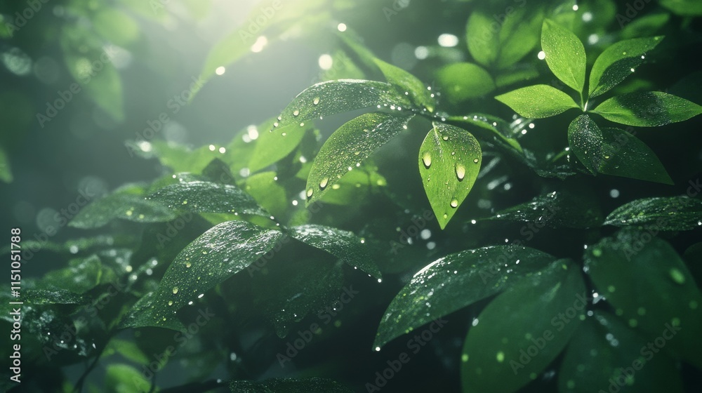 Rain drops on green leaves glowing under sunlight. Perfect for nature textures and natural-themed visuals Rain drops on green leaves glowing under sunlight. Perfect for nature textures and natural-themed visuals