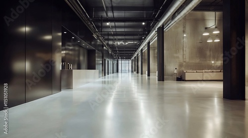 A modern, spacious interior with polished floors and industrial design elements.