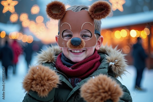 Joyful Holiday Season Fun: Woman in Reindeer Mask and Winter Coat Smiling at Christmas Market.
