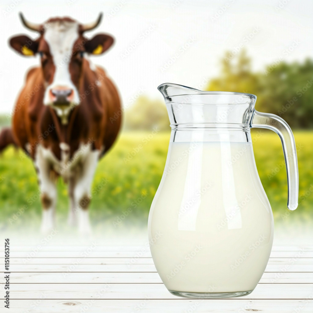 glass milk jug on white wooden table with blurred cow in background glass milk jug on white wooden table with blurred cow in background