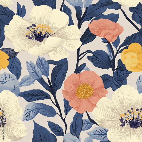 A Seamless Pattern of Botanical Floral Illustration
