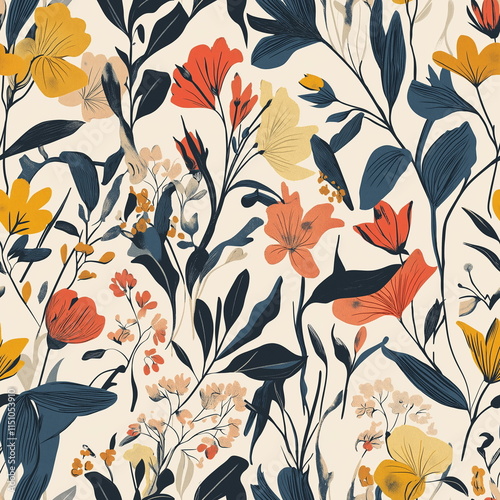 A Seamless Pattern of Botanical Floral Illustration