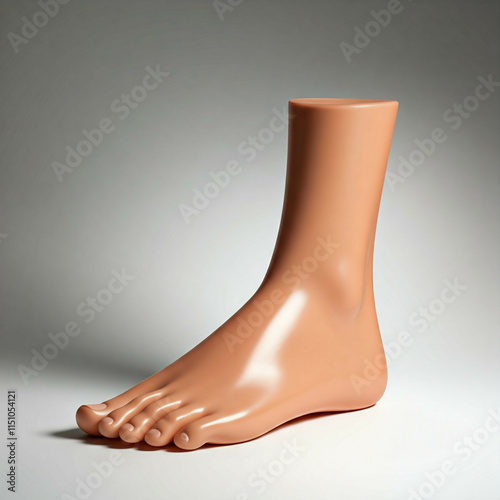 closeup of a single bare flesh colored foot with toenails on a gray background