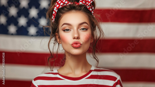 Patriotic Woman Kiss American Flag 4th July Independence Day