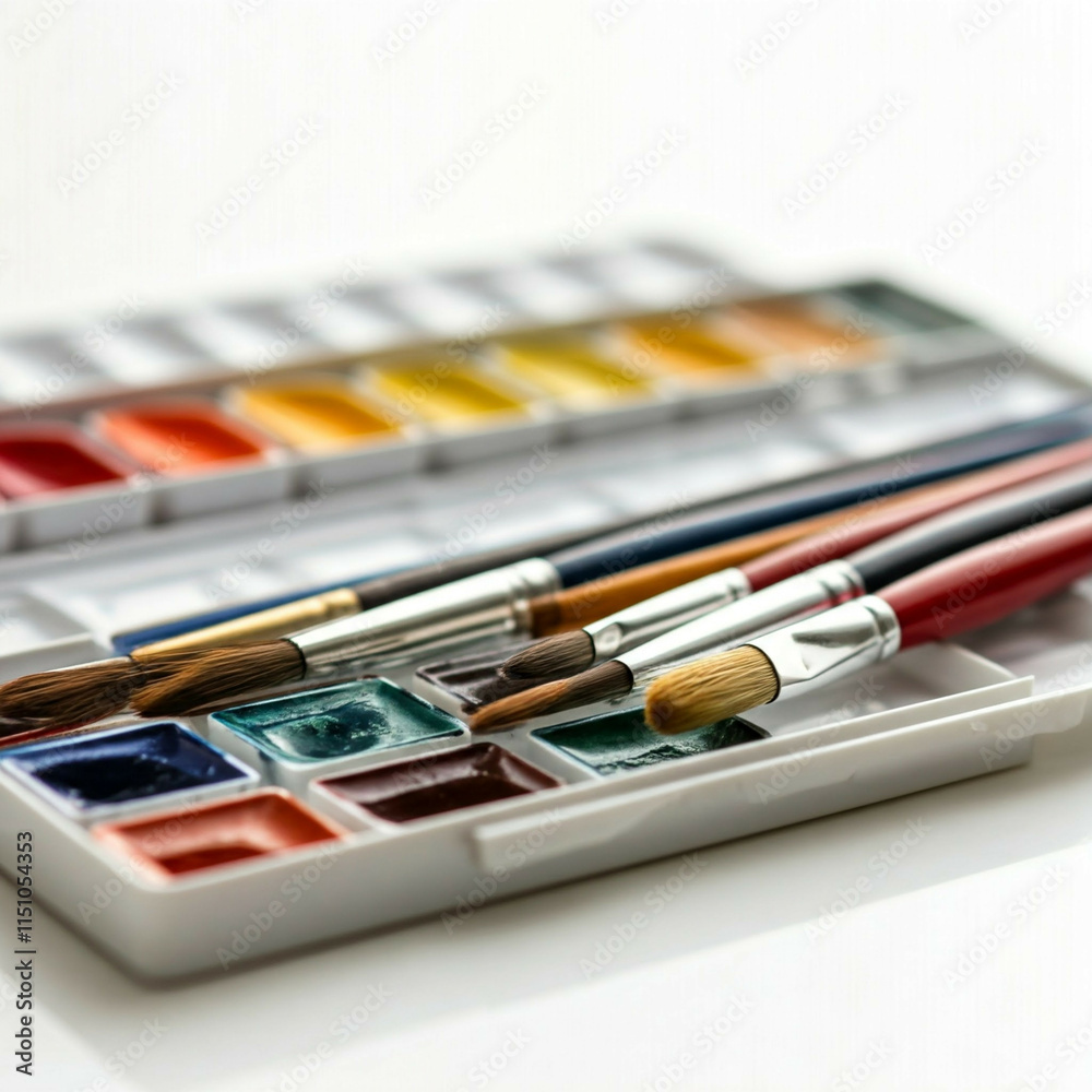 Obraz premium paintbrushes and watercolor palette on white background close up