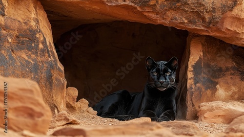 A powerful black puma rests in the shade of a rocky cave, its intense eyes watching the surroundings. this photograph showcases the predatorâ€™s commanding presence. 
