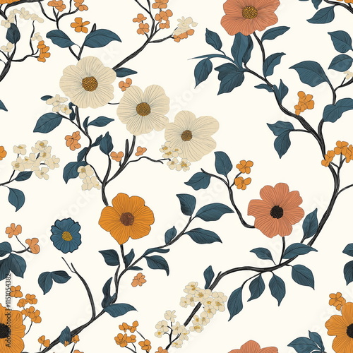 A Seamless Pattern of Botanical Floral Illustration