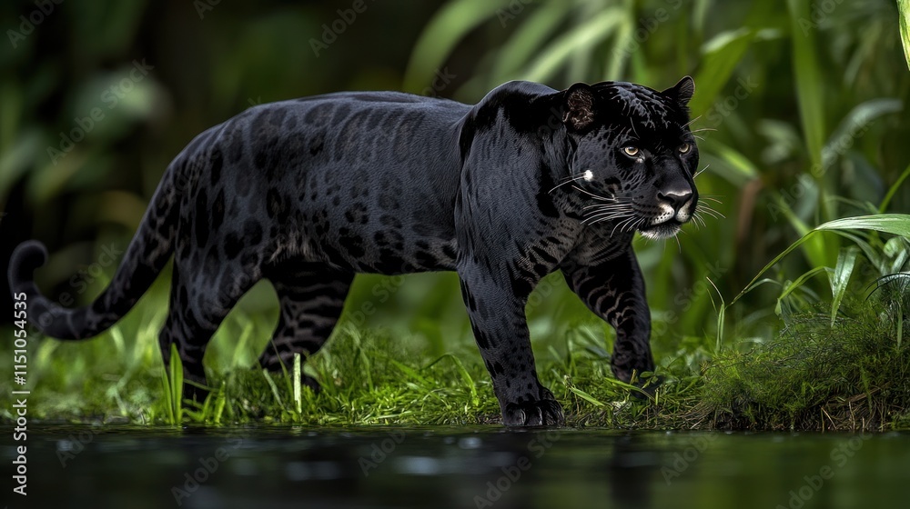 A sleek black jaguar prowls near a moonlit riverbank, its powerful muscles rippling under the soft light. the image showcases the predators commanding presence. A sleek black jaguar prowls near a moonlit riverbank, its powerful muscles rippling under the soft light. the image showcases the predators commanding presence.