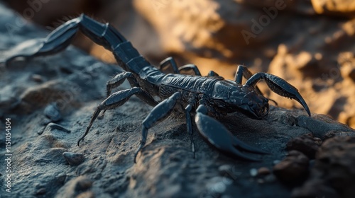A venomous black scorpion crawls over a rocky surface, its tail poised to strike. this macro shot highlights the fine details of the scorpions anatomy. 