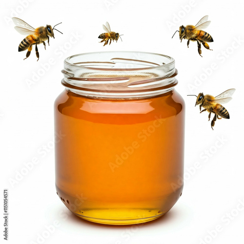 golden honey jar with flying bees against a white background
