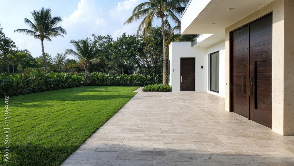 Fototapeta premium Contemporary home with a paver driveway, palm trees, and doors in brown and white.