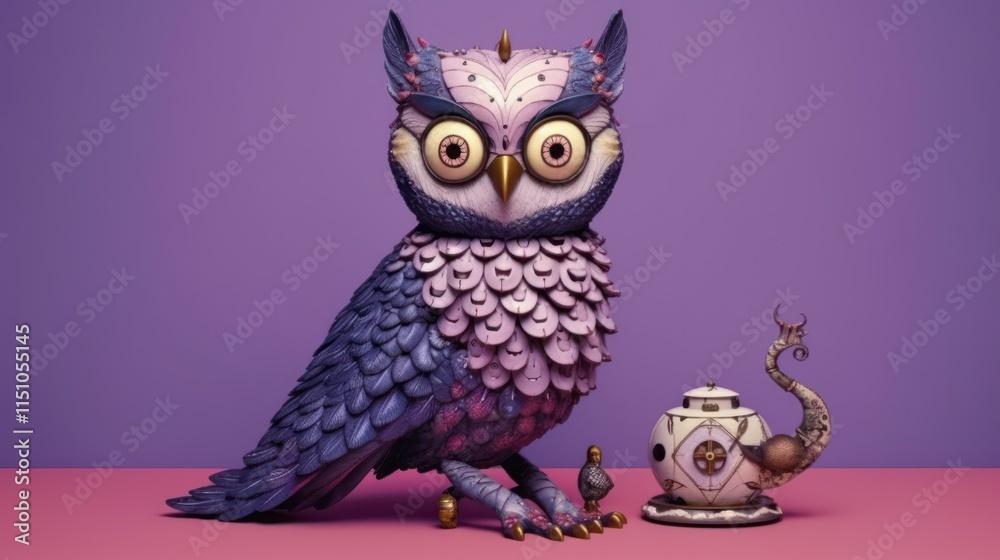 Obraz premium Ornate owl figurine, teapot, pink background.