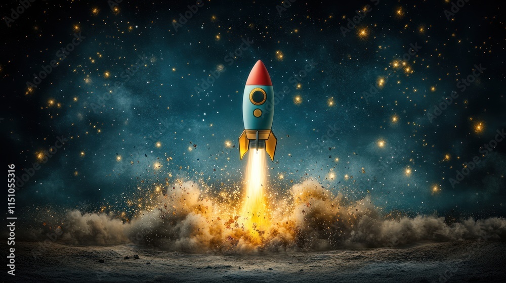 Fototapeta premium Festive Flair: Santa Claus Rides a Sleek Spaceship Rocket for Holiday Promotions, Greeting Cards, Advertisements & Playful Seasonal Designs