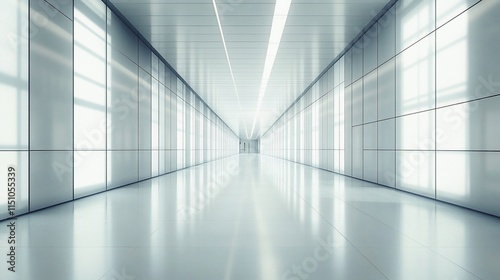 A sleek, modern hallway with reflective surfaces and bright lighting.
