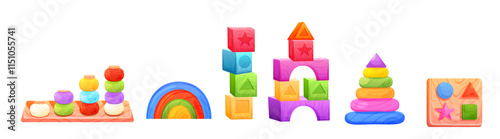 Set of Montessori wooden toys for baby early development. Vector illustration