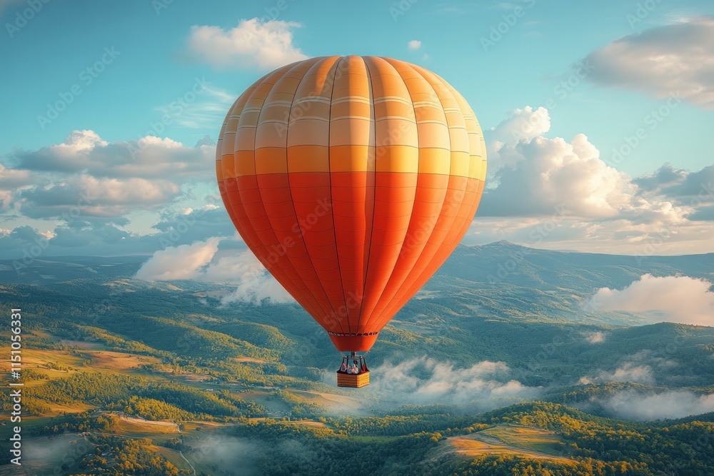 Obraz premium Hot air balloon soars over misty mountains.