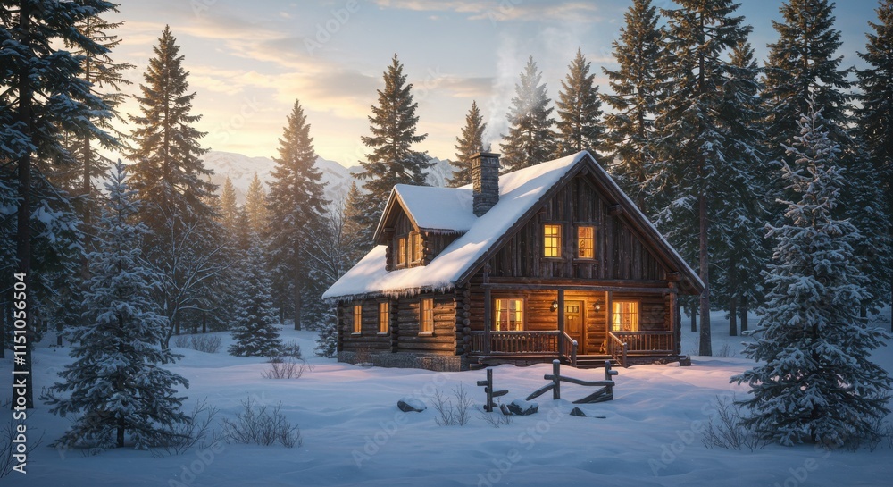 Winter wonderland, cozy log cabin, snow-covered landscape, towering evergreen trees Winter wonderland, cozy log cabin, snow-covered landscape, towering evergreen trees