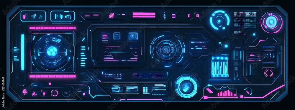 Fototapeta premium Futuristic neon blue and pink digital interface dashboard.