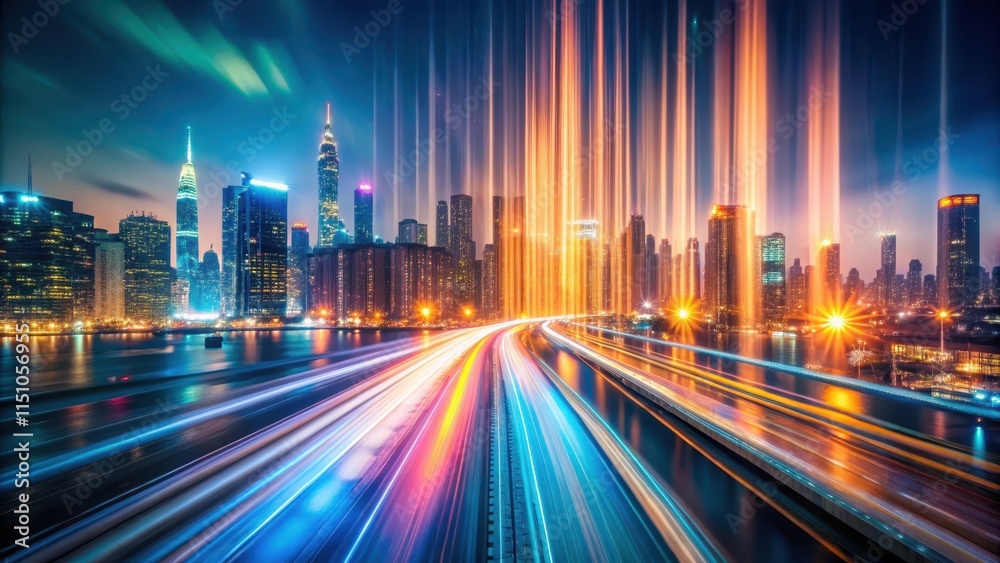 Fototapeta premium Blurred motion background of city lights at night with vertical streaks, speed, motion blur, fast, city lights, energetic