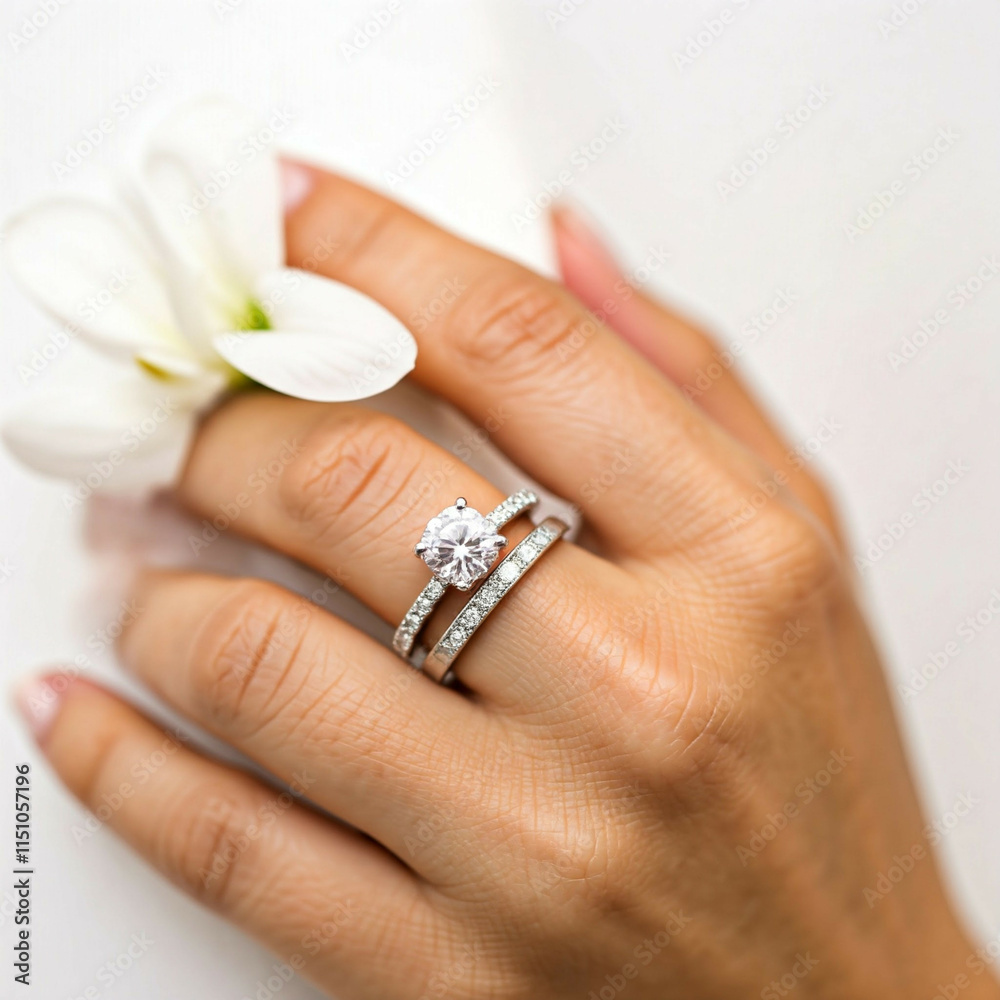 closeup of a woman's hand wearing a diamond engagement ring and wedding band on white background closeup of a woman's hand wearing a diamond engagement ring and wedding band on white background