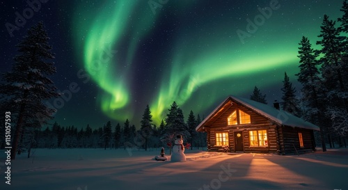 Aurora borealis, northern lights, cozy log cabin, snowy landscape, winter wonderland, starry