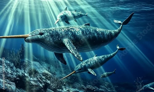 Underwater scene featuring narwhals swimming in sunlit ocean depths.