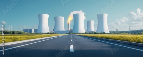 A serene view of a nuclear power plant with cooling towers alongside a clear road, surrounded by green fields and a bright blue sky.