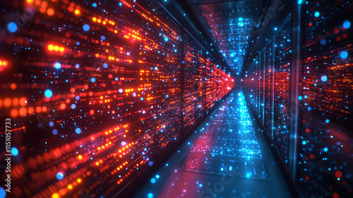 captivating shot of data center with endless rows of illuminated servers, showcasing vibrant blue and red lights that create dynamic and futuristic atmosphere