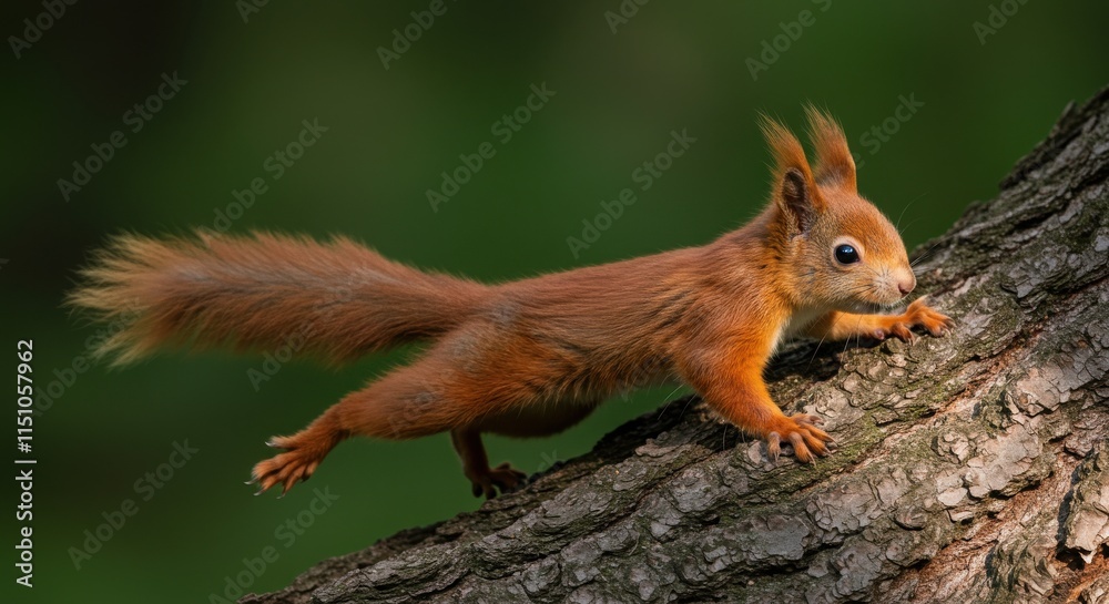 Cute red squirrel, tree trunk, leaping pose, fluffy tail, bright sunlight, soft shadows, detailed fur Cute red squirrel, tree trunk, leaping pose, fluffy tail, bright sunlight, soft shadows, detailed fur