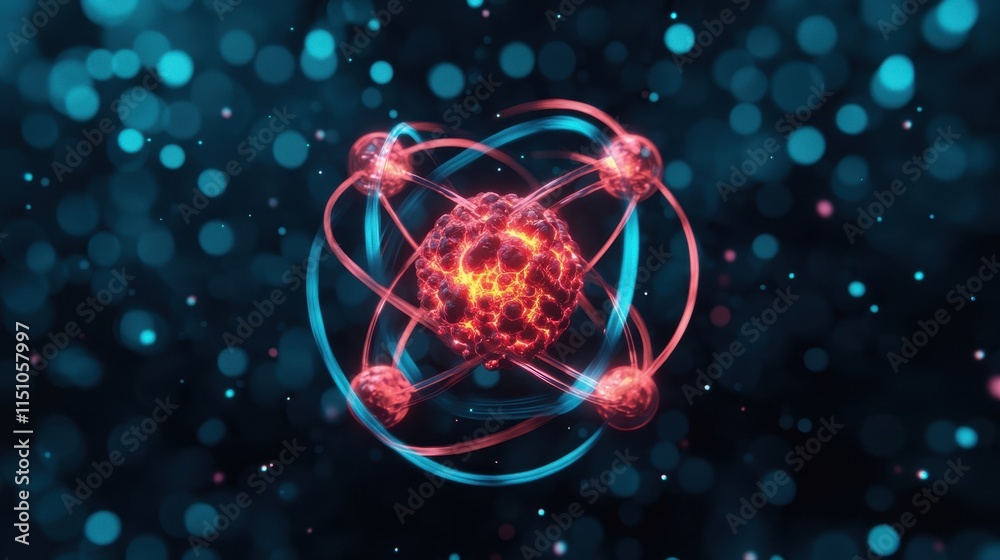Obraz premium A vibrant illustration of an atom, showcasing electrons orbiting a nucleus, set against a blurred, glowing background.