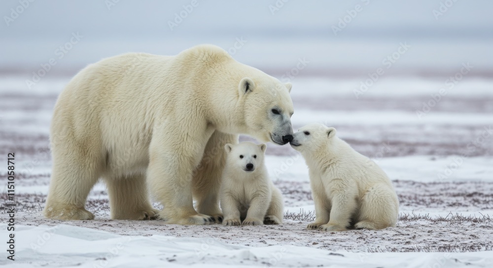 Polar bear family, mother and cubs, Arctic wilderness, snowy landscape, white on white Polar bear family, mother and cubs, Arctic wilderness, snowy landscape, white on white