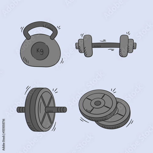 Gym equipment hand drawn illustration. Set of fitness tools vector icon doodle. Dumbbell, kettlebell, roller, weight plate, outline style design.