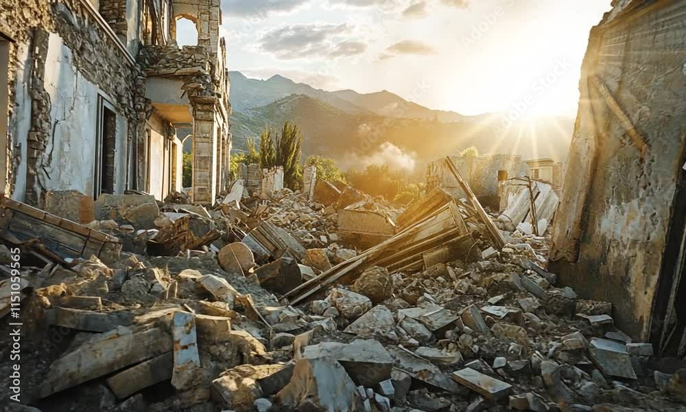 A sunlit scene of destruction, showcasing rubble and remnants of a building amidst nature.