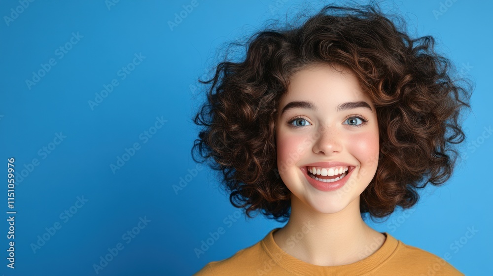 Joyful Curly-Haired Overweight Woman Smiling in Blue Portrait Joyful Curly-Haired Overweight Woman Smiling in Blue Portrait