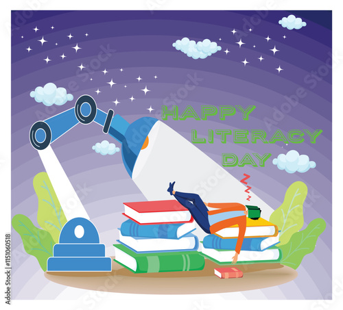 Literacy Day Celebration With Books and robot lights.