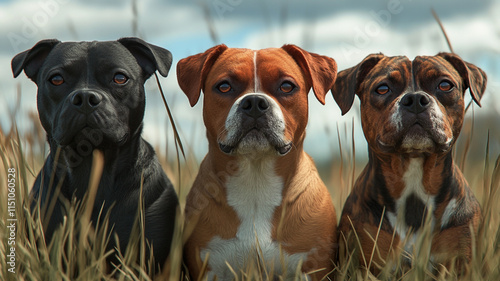 Three Staffordshire Bull Terriers in Grass Dogs Pets Animals Outdoors photo