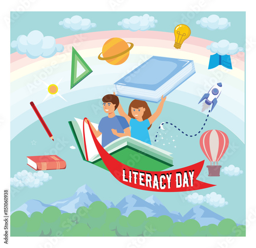 Happy Literacy Day. A Boy and a Girl Fly Over a Book. Reading Books Becomes an Adventure.