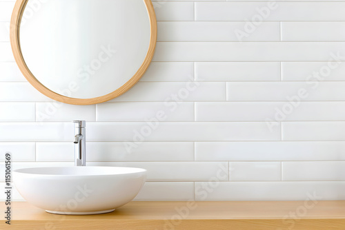 Minimalist bathroom with round mirror and sink.
