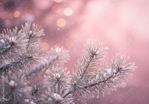 winter scene, snow-covered pine branches, soft bokeh lights, falling snowflakes, ethereal