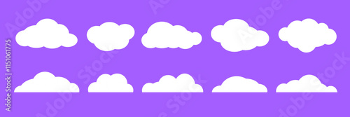 Empty cartoon cloud collection on purple background. Comic cloud shapes set for icon, poster, banner, label, badge, tag, logo, decoration. White blank speech bubble pack. Text box claud bundle. Vector