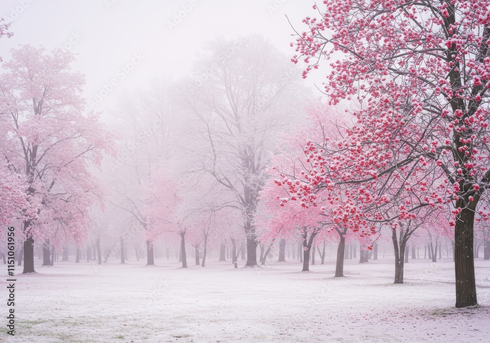 Winter wonderland, snowy landscape, red berries on branches, frost-covered trees, misty Winter wonderland, snowy landscape, red berries on branches, frost-covered trees, misty