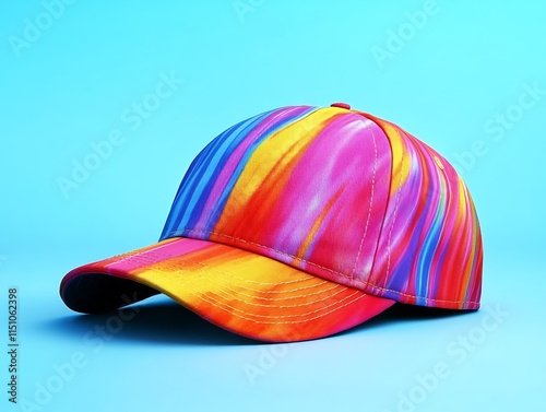 A colorful baseball cap against a sky blue background photo