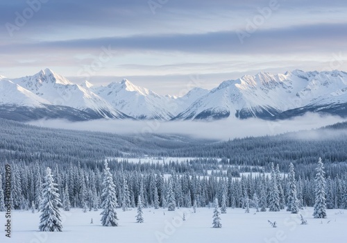 Winter wonderland, snow-covered mountains, misty peaks, frosted pine forest, panoramic