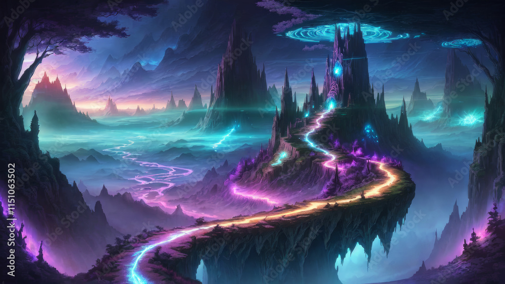 Fototapeta premium Illustration of an anime landscape background filled with fantasy adventure vibes, featuring glowing paths winding through mystical terrain..