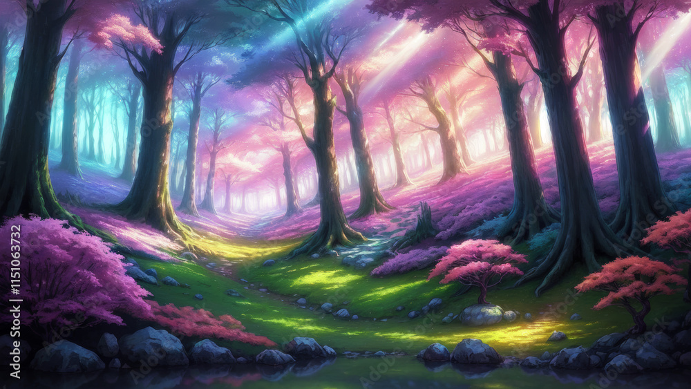 Fototapeta premium Illustration of an anime landscape background of a magical forest filled with ethereal glowing trees and colorful flora..