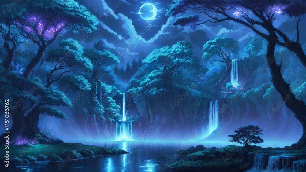 Fototapeta premium Illustration of an anime landscape background featuring a fantasy waterfall that glows softly in the moonlight, surrounded by magical trees. .