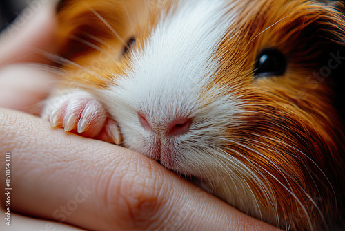 Guinea pig with smooth, multi-colored fur on white, symbolizing gentleness