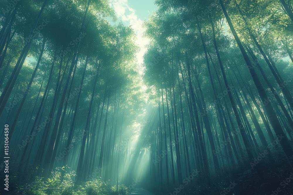 Obraz premium Sunlit bamboo forest path, misty, serene.