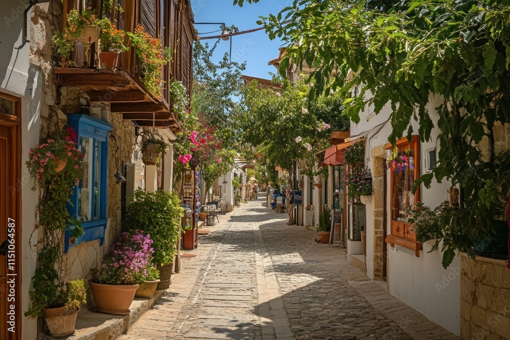 Obraz premium Charming cobblestone street lined with vibrant flowers and traditional houses in a picturesque village setting, capturing the essence of rural beauty and culture