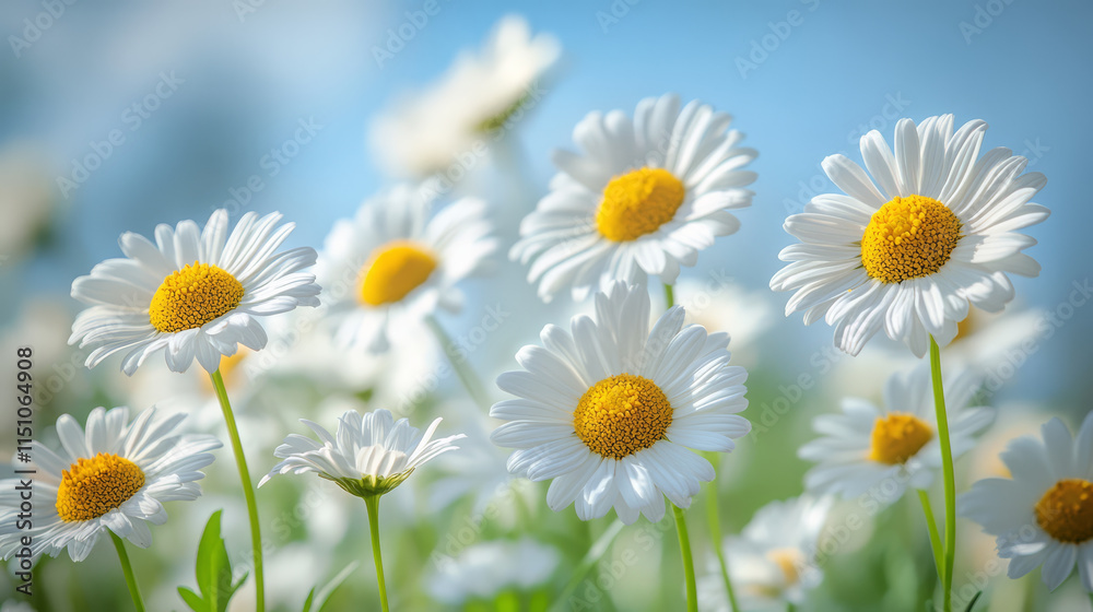 Fototapeta premium close up of cluster of wild daisies swaying gently in breeze, showcasing their vibrant white petals and bright yellow centers against soft blue background